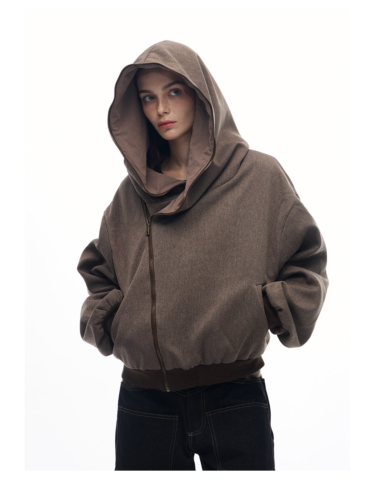 "Maze" Linen Brown Reversible Layered Sweatshirt Jacket