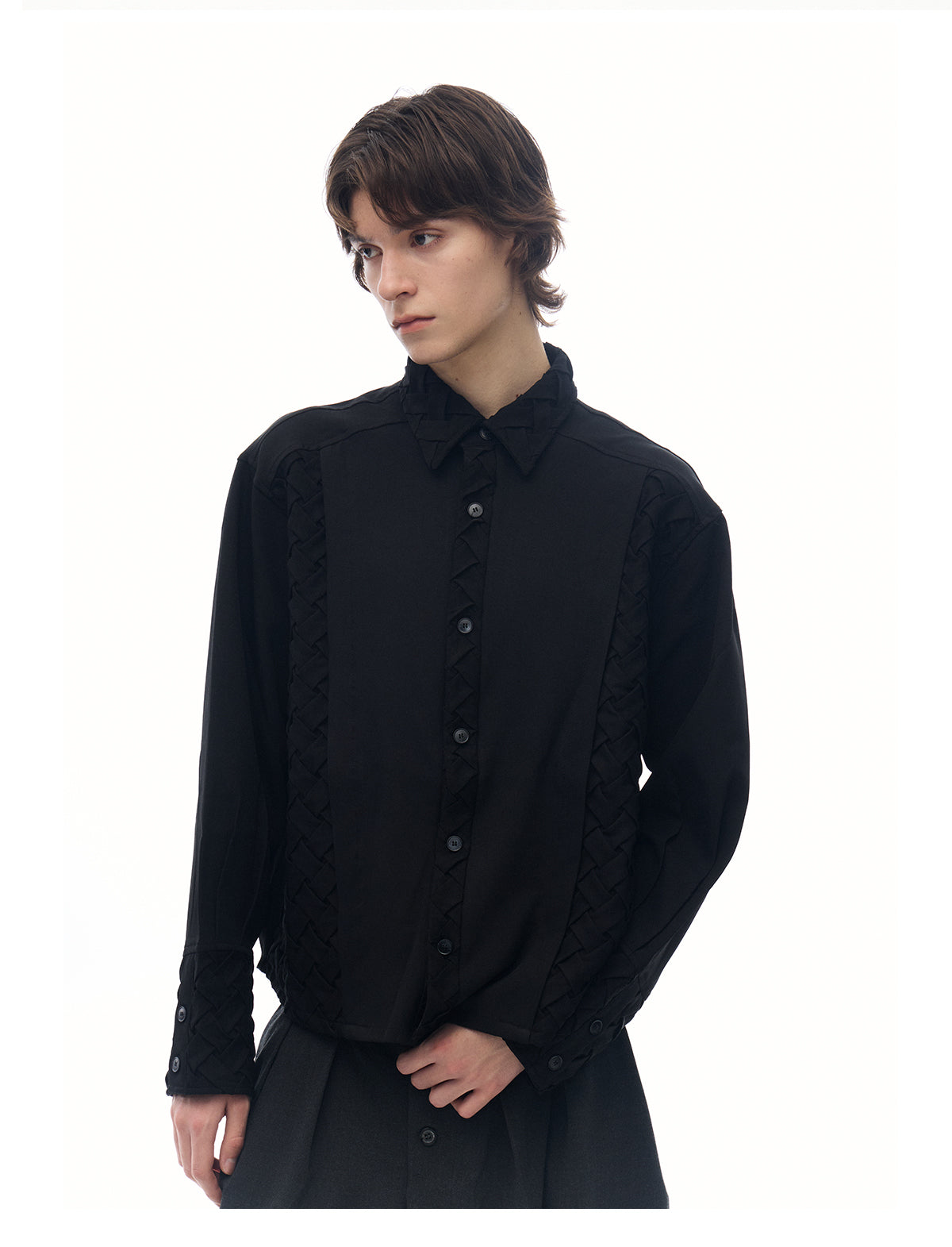 "Woven" Pleated Blended Long Shirt