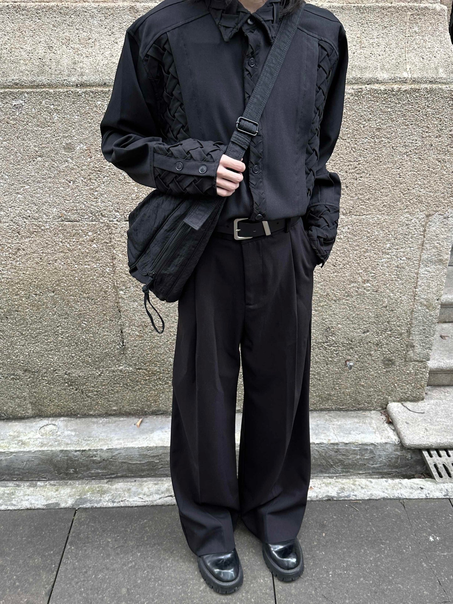 "Woven" Pleated Blended Long Shirt