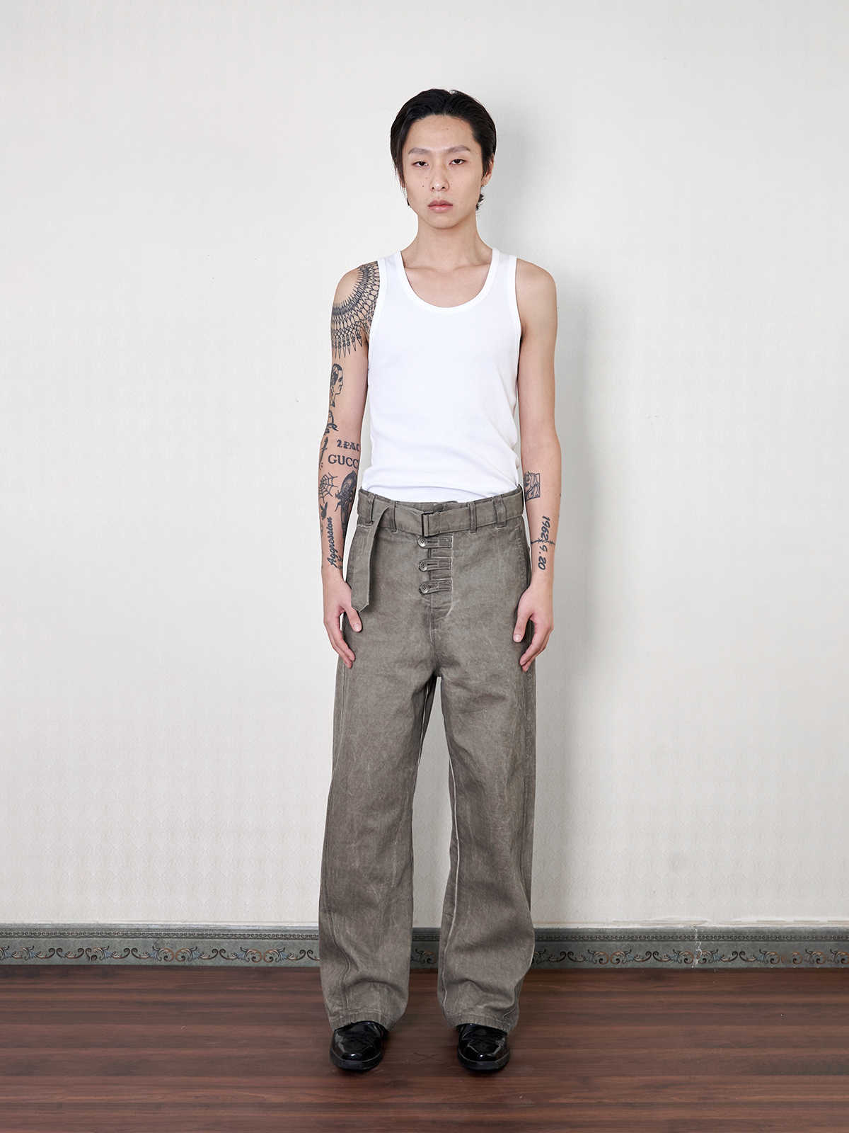 "Haze" Tailored Distressed Belt Straight Pants