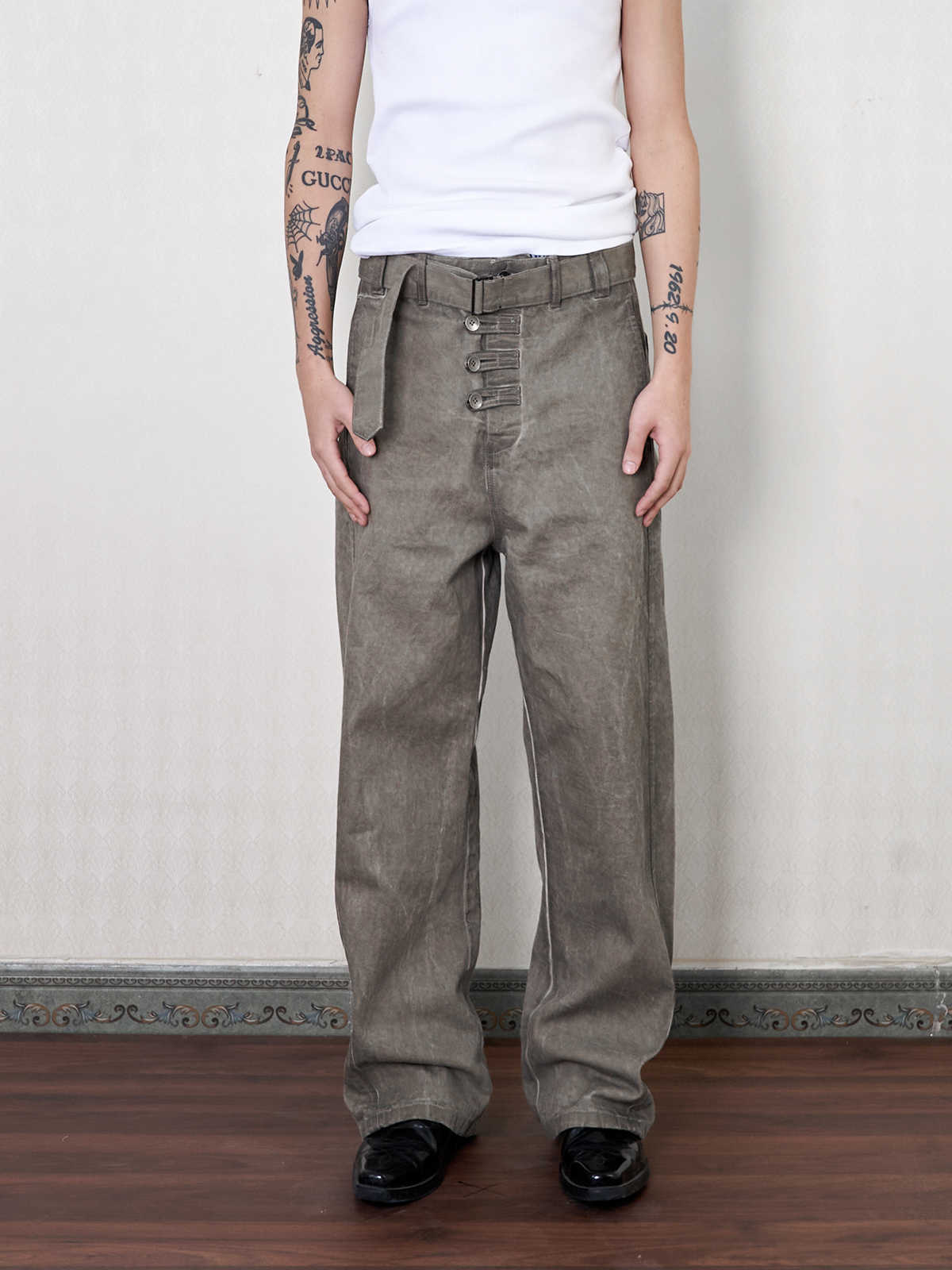 "Haze" Tailored Distressed Belt Straight Pants